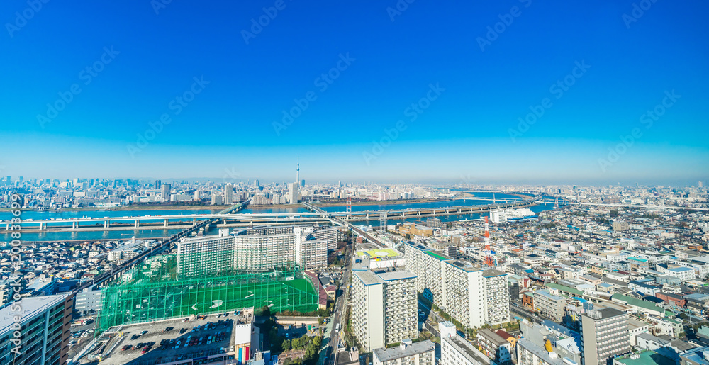 Asia business concept for real estate and corporate construction - panoramic urban city skyline aerial view under blue sky and sunny day in funabori, tokyo, Japan Asia business concept for real estate and corporate construction - panoramic urban city skyline aerial view under blue sky and sunny day in funabori, tokyo, Japan