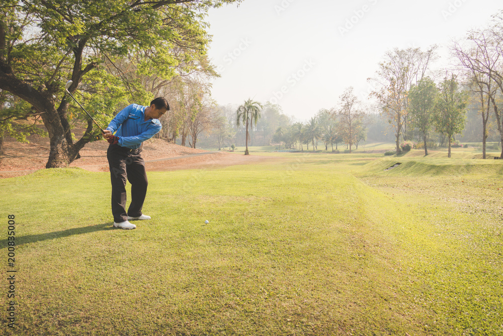 Fototapeta premium Man playing golf on a golf course.