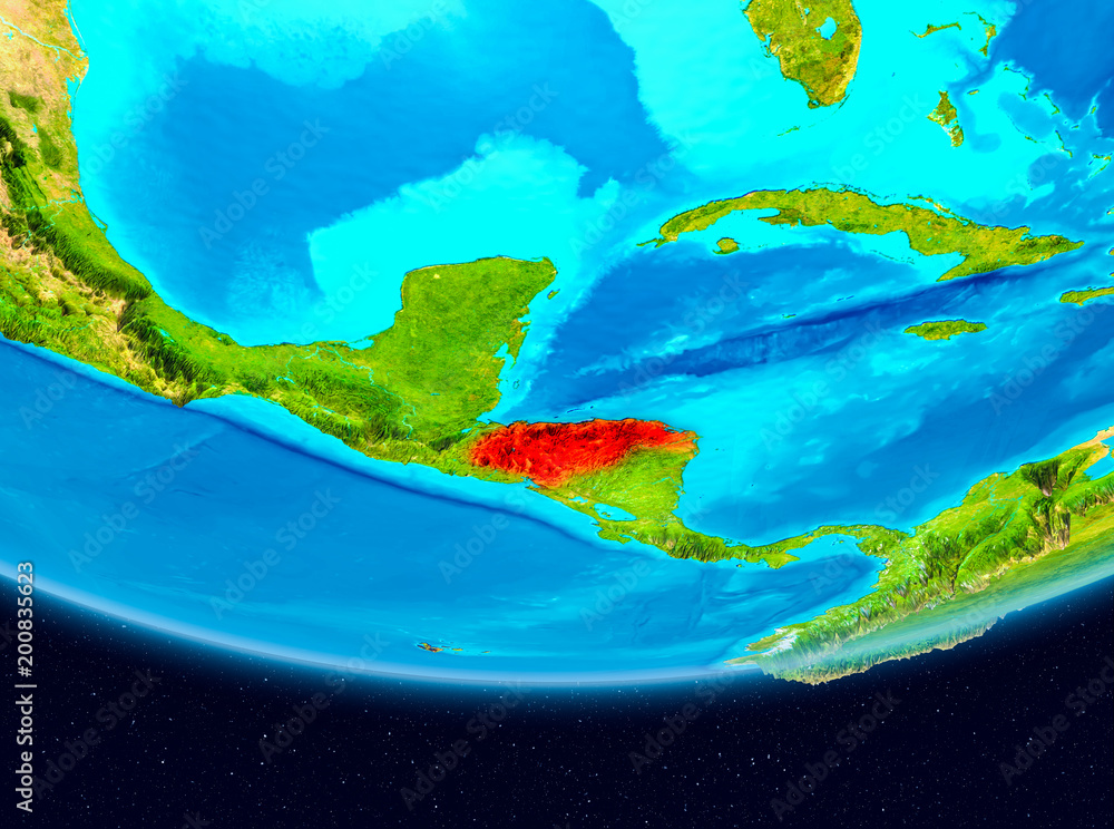 Satellite view of Honduras in red