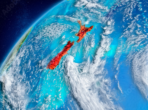 Space view of New Zealand in red