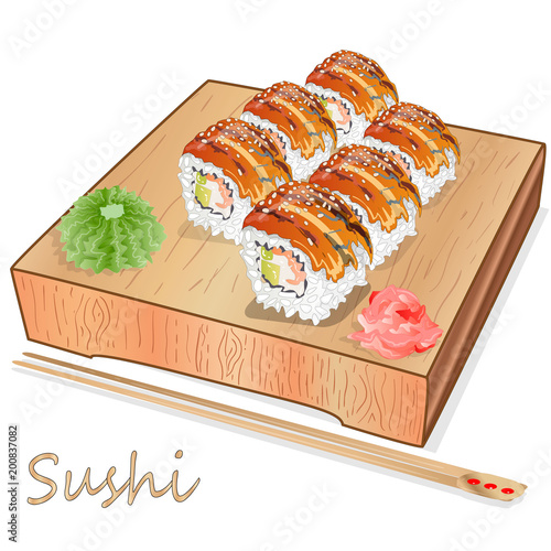 Illustration of roll sushi with salmon, prawn, avocado, cream cheese. Sushi menu. Japanese food isolated.