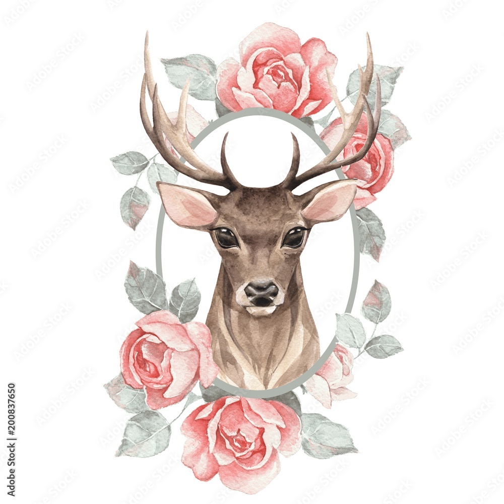 Obraz premium Noble deer and roses. Watercolor illustration