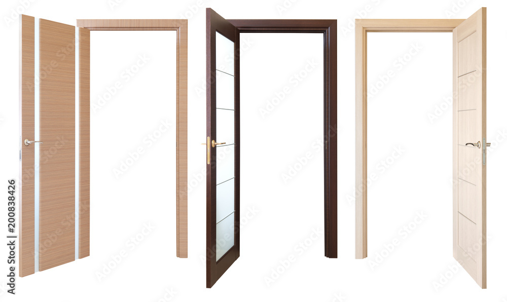 three open wooden doors, isolated three open wooden doors, isolated