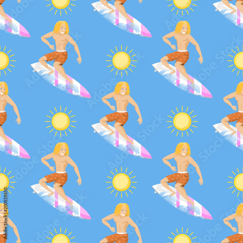 Surfing active water sport seamless pattern background surfer summer time beach activities man windsurfing jet water wakeboarding kitesurfing vector illustration.