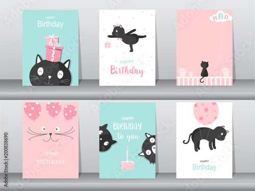 Set of cute cat on birthday backgrounds.Design for kid cards,Vector illustrations.