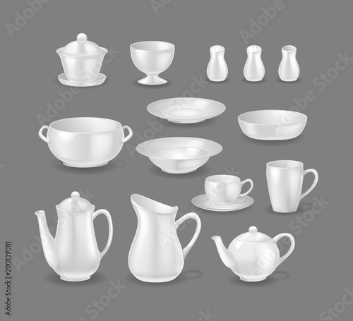 Set of realistic template, mock-up, porcelain ceramic ware.