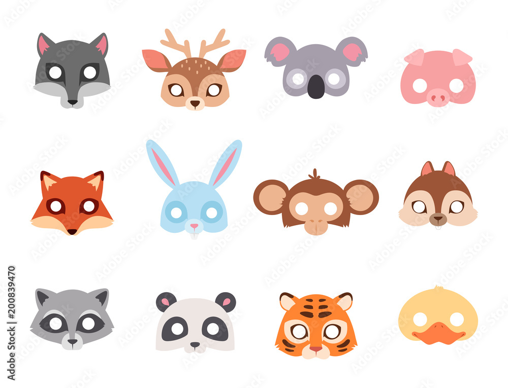 Obraz premium Animals carnival mask vector festival decoration masquerade and party costume cute cartoon head decor celebration illustration.