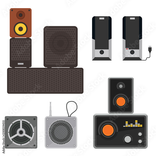 Acoustic sound system stereo flat vector music loudspeakers player subwoofer equipment technology.