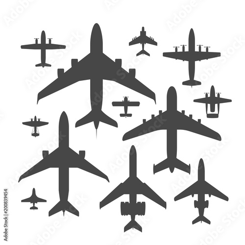 Airplane silhouette vector illustration top view plane and aircraft transportation travel way design journey object.
