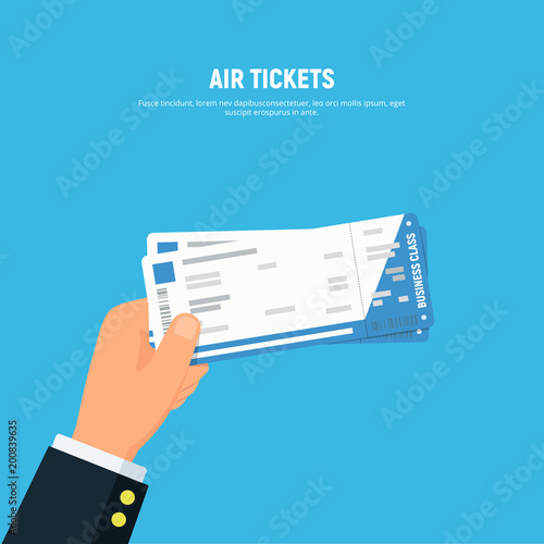 Close-up businessman hand holding air boarding tickets. Airline boarding tickets business class. Travel and business trips concept. Vector illustration in flat style.