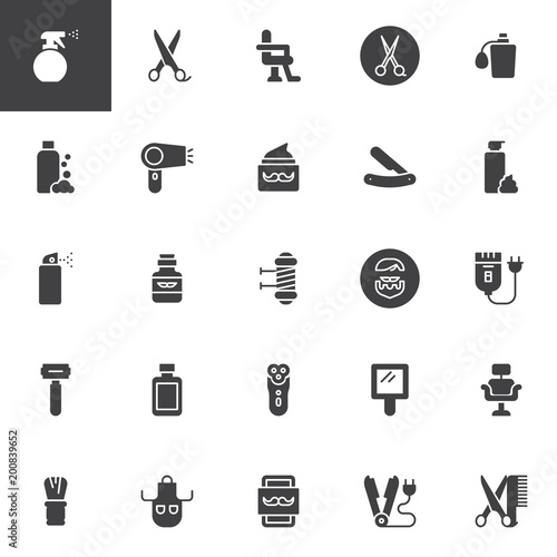 Barber shop vector icons set, modern solid symbol collection, filled style pictogram pack. Signs, logo illustration. Set includes icons as Spray, Scissors, Chair, Perfume, Shampoo, Hair Dryer, Razor