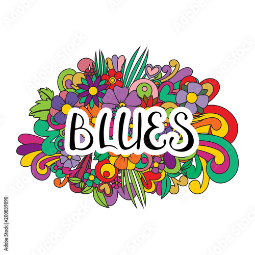 Blues Tangle pattern background. Doodle flowers and text for the partner dancing. Vector illustration.