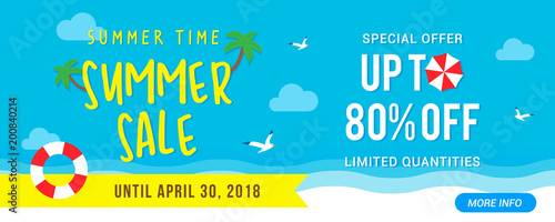 Summer Sale Banner vector illustration, Typography and blue sky with summer beach elements.