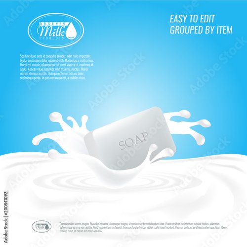Vector Soap with milk splash. Soap advertisement design or banner background.