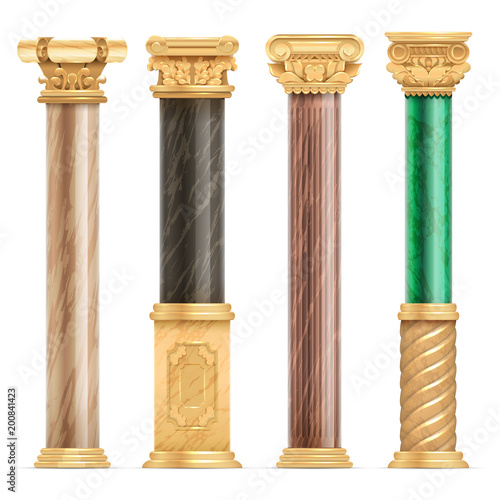 Classic arabic architecture golden columns with stone marble pillar vector set isolated
