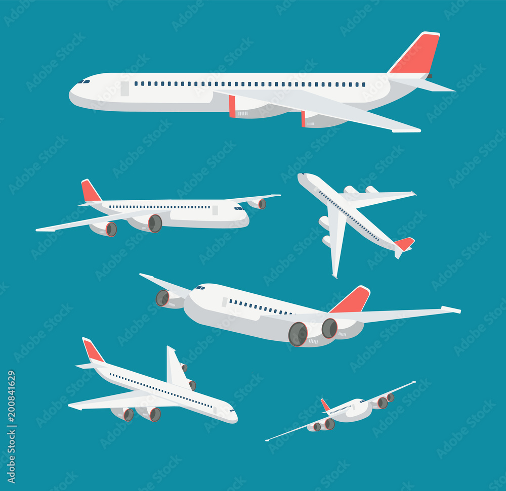 Charter flat airplane in various point of view. Civil aircraft journey and aviation vector symbols isolated Charter flat airplane in various point of view. Civil aircraft journey and aviation vector symbols isolated