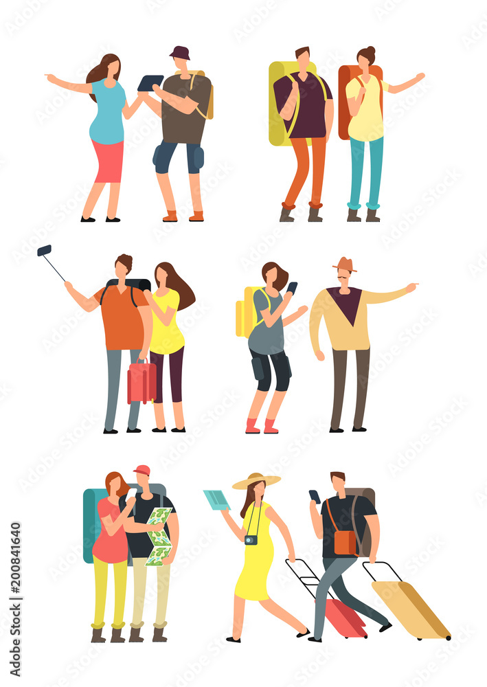 People with luggage on vacation. Tourist man, woman and kids with bags. Traveling family vector character set