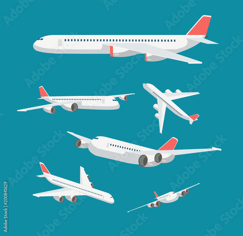 Charter flat airplane in various point of view. Civil aircraft journey and aviation vector symbols isolated