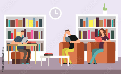 Students reading and searching books in public library interior with bookshelves cartoon vector illustration
