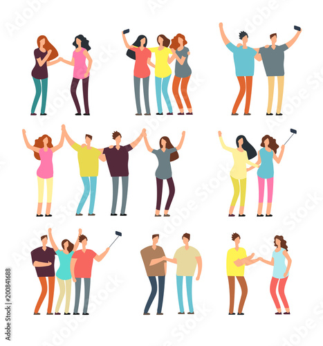 Neighbors men and women characters. Friends groups. Good neighborhood vector cartoon friendly people set