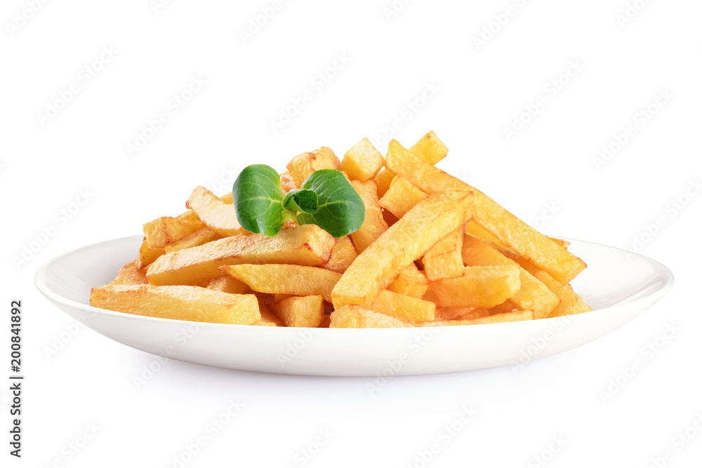 Plate with french fries and corn salad isolated on white background. Plate with french fries and corn salad isolated on white background.