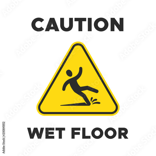 Wet floor yellow sign with falling person pictogram. Man slipping vector caution icon
