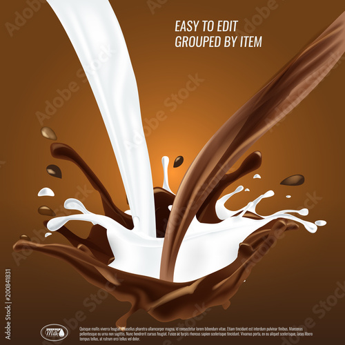 Liquid chocolate and milk flow and spash mixed, 3d vector illustration.