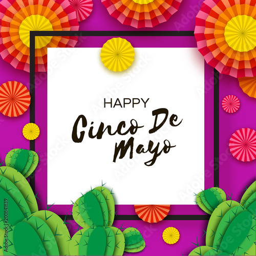 Happy Cinco de Mayo Greeting card. Colorful Orange Paper Fan and Cactus in paper cut style. Mexico, Carnival. Square frame on purple. Space for text.