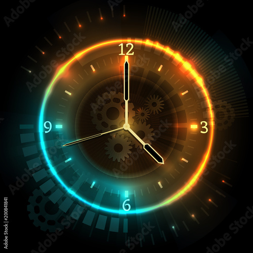 Digital futuristic watch with neon effects. Time abstract vector concept with clock