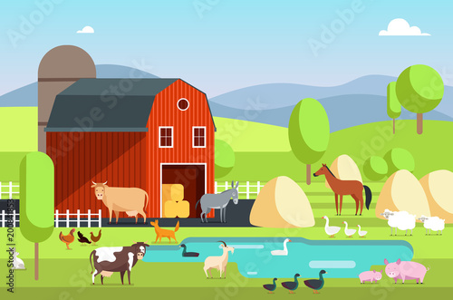 Fototapeta Naklejka Na Ścianę i Meble -  Ranch house, farm building and agricultural animals in rural landscape. Eco farm vector flat background