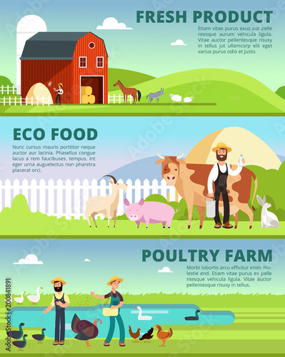 Fototapeta Naklejka Na Ścianę i Meble -  Organic farming and agribusiness banners with cartoon farmer characters and farm animals vector set