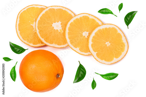 Orange with slice decorated with green leaves isolated on the white background. Flat lay pattern. Top view