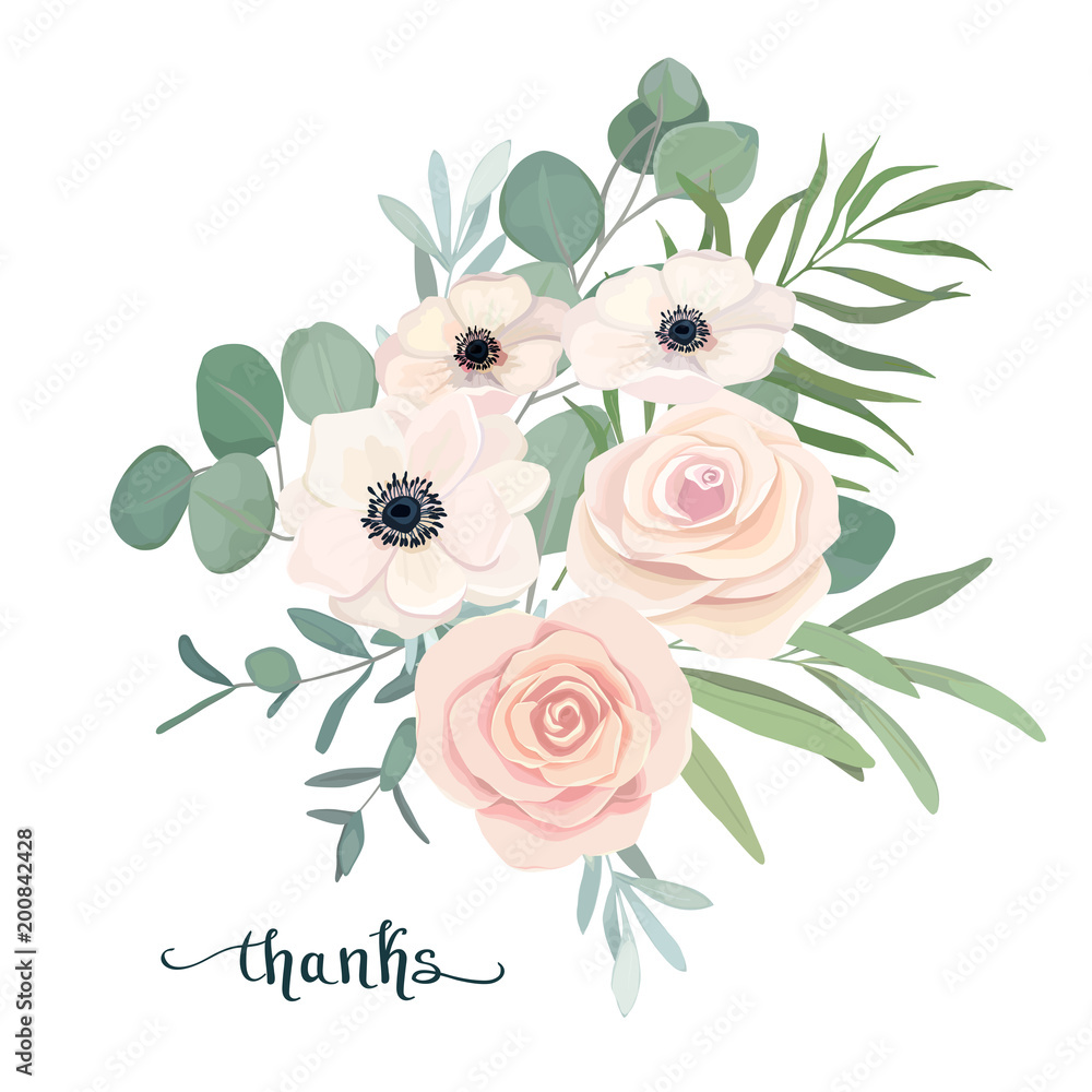 Floral bouquet with anemone, rose and eucalyptus. For wedding, Valentine's day, Birthday. Vector illustration. Watercolor set