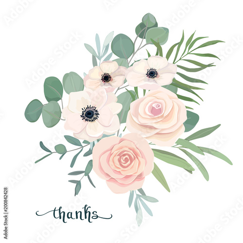Floral bouquet with anemone, rose and eucalyptus. For wedding, Valentine's day, Birthday. Vector illustration. Watercolor set