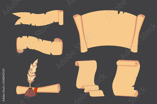 Old Paper scroll vector set. Retro document script with copyspace. Vintage blank and letter illustrations.
