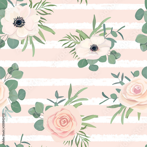 Floral seamless patterrn with rose, anemone and eucalyptus branch. Vector ill...