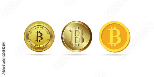 Bitcoin set. The physical bit is a coin. Digital currency. Crypto currency. Gold coin with a bitcoin symbol isolated on a white background.