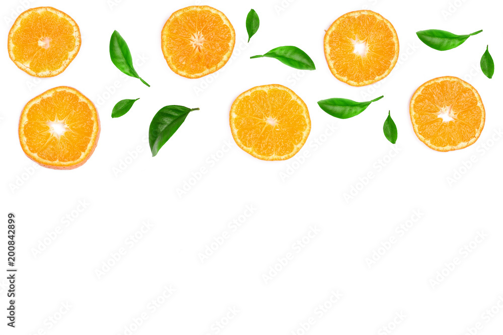 Slices of orange or tangerine with leaves isolated on white background with copy space for your text. Flat lay, top view Slices of orange or tangerine with leaves isolated on white background with copy space for your text. Flat lay, top view