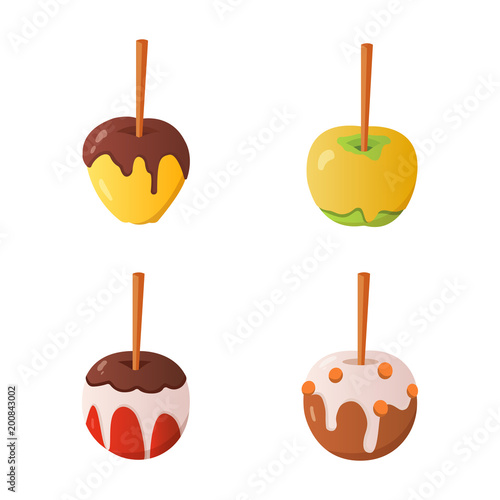 Sweet caramel and chocolate candy apple set. Vector illustration in cartoon style.