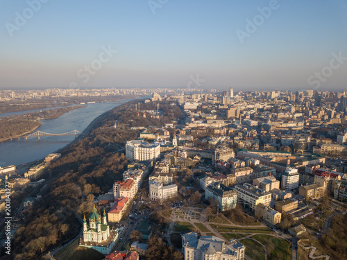 Kiev, Ukraine - April 7, 2018: Aerial view of Saint Andrew church. The old town of Kiev, the Podile district