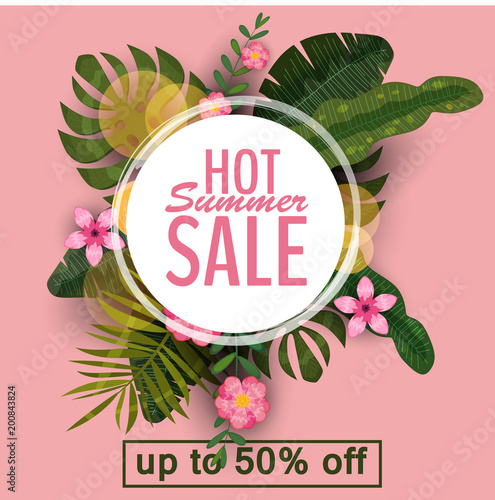 Sale summer banner, poster with palm leaves, jungle leaf and tropical flowers. Vector illustration EPS10