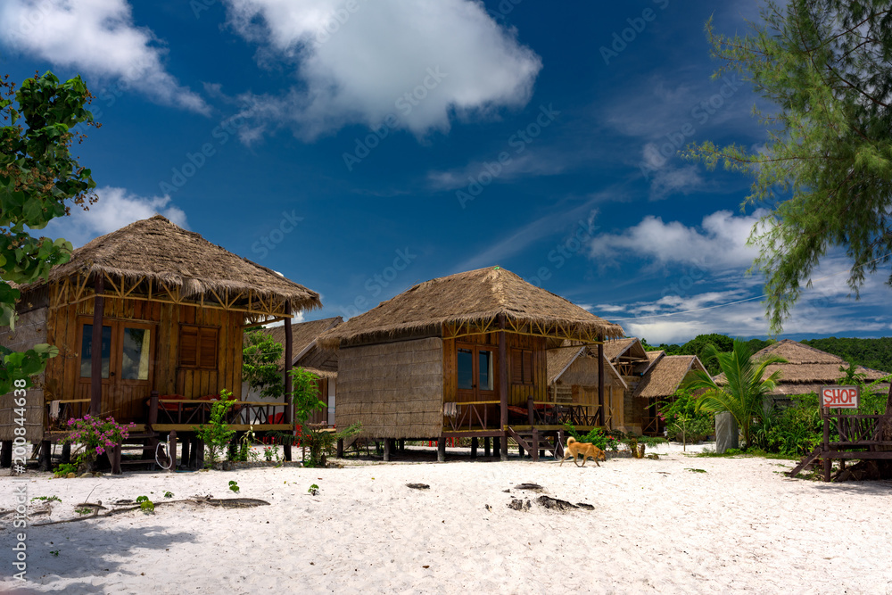 Wooden beach hut on Koh Rong Samloem Island, Cambodia. Saracen Bay. 