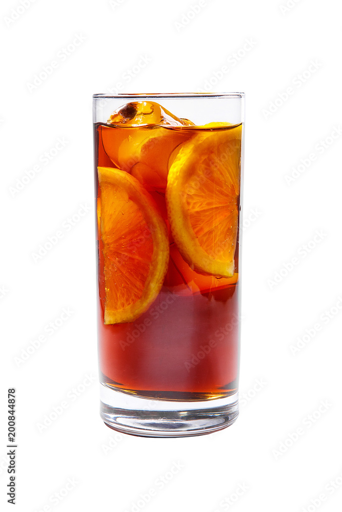One-color, red, brown, transparent cocktail with ice cubes and lemon slices, orange. Side view. Isolated white background. Drink in a glass glass for the menu restaurant, bar, cafe One-color, red, brown, transparent cocktail with ice cubes and lemon slices, orange. Side view. Isolated white background. Drink in a glass glass for the menu restaurant, bar, cafe