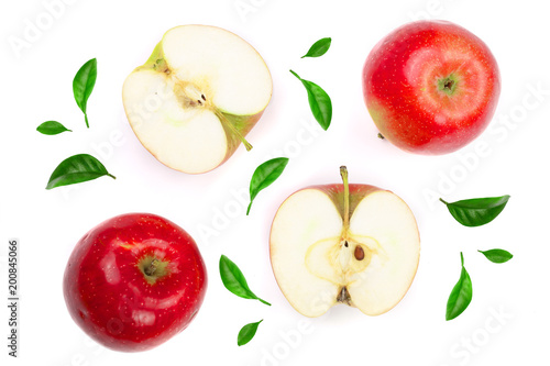 Fototapeta Naklejka Na Ścianę i Meble -  red apples with slices decorated with green leaves isolated on white background top view. Flat lay pattern