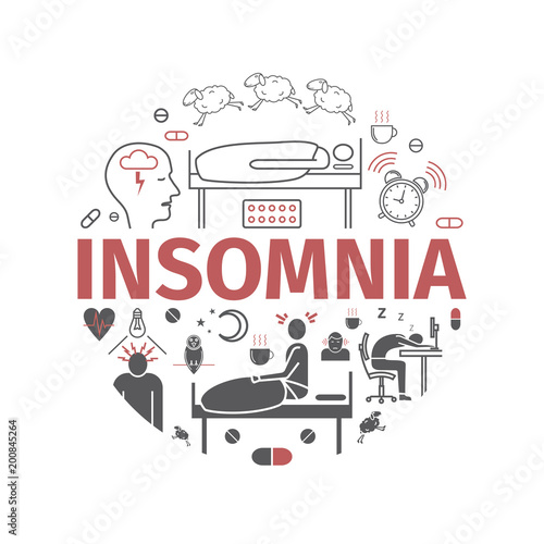 Insomnia, Symptoms. Flat icons set. Vector signs for web graphics.