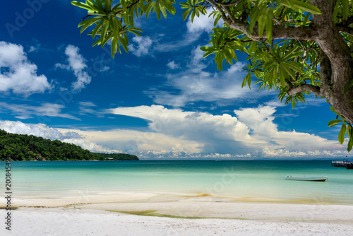 Tropical beach with turquoise clean water   blue sky and white sand. Saracen Bay  Koh Rong Samloem. Cambodia  Asia.