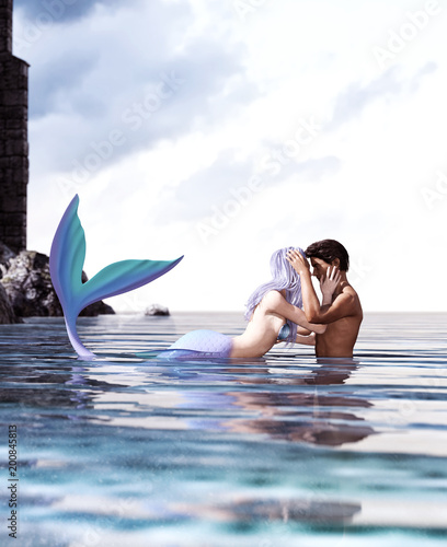 A sea love story between man and a mermaid,3d Fantasy mermaid in mythical sea,Fantasy fairy tale of sea nymph,3d illustration for book cover or book illustration photo