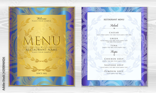 Design Restaurant Menu template in black color with gold frame pattern (border). Elegant luxe gold cover useful for Cafe Menu, brochure, coffee house, wedding invitation design
