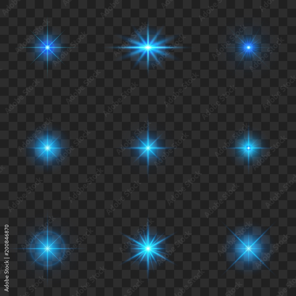 Glow light color blue. Starburst with sparkles on transparent background. 