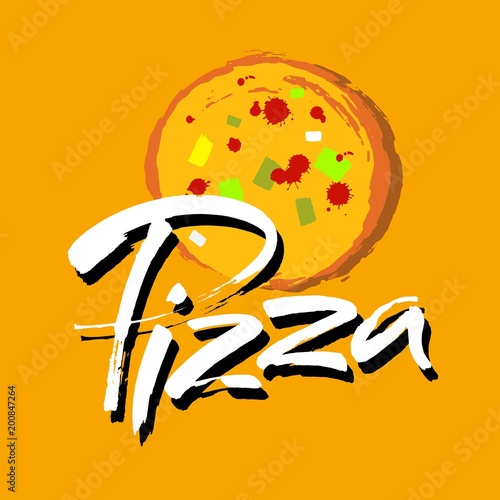 PIZZA hand-lettering calligraphy. Hand drawn vector stock illustration. Modern brush ink. Isolated on yellow background.